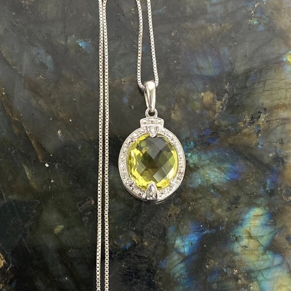 Sterling Silver 925 Oval Domed Faceted Yellow Citrine & Diamond Pendant Necklace - Picture 1 of 16